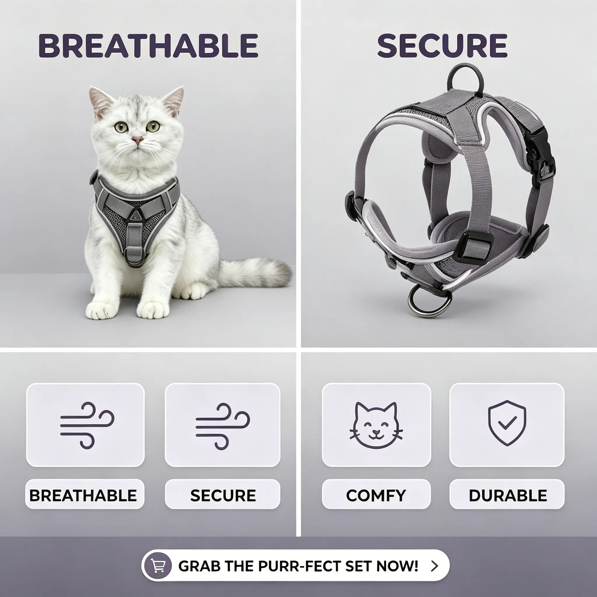 Leash Set: Escape-Proof Adjustable Cat Leash and Collar Made from Comfortable, Breathable Materials, with Adjustable Sizing. Reflective Soft Mesh Vest for Easy Safe Leash Walking. Includes a Summer Version; Breathable and Moisture-Wicking.