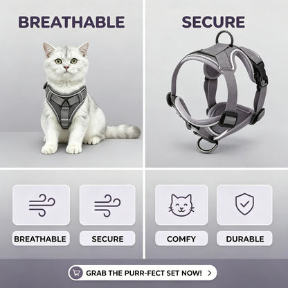 Leash Set: Escape-Proof Adjustable Cat Leash and Collar Made from Comfortable, Breathable Materials, with Adjustable Sizing. Reflective Soft Mesh Vest for Easy Safe Leash Walking. Includes a Summer Version; Breathable and Moisture-Wicking.