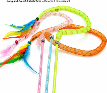Catnip Cat Wands, 3 PCS Soft Line Tube Teaser Wands Colorful Feather Wands with Bell and Catnip Interactive Cat Toys