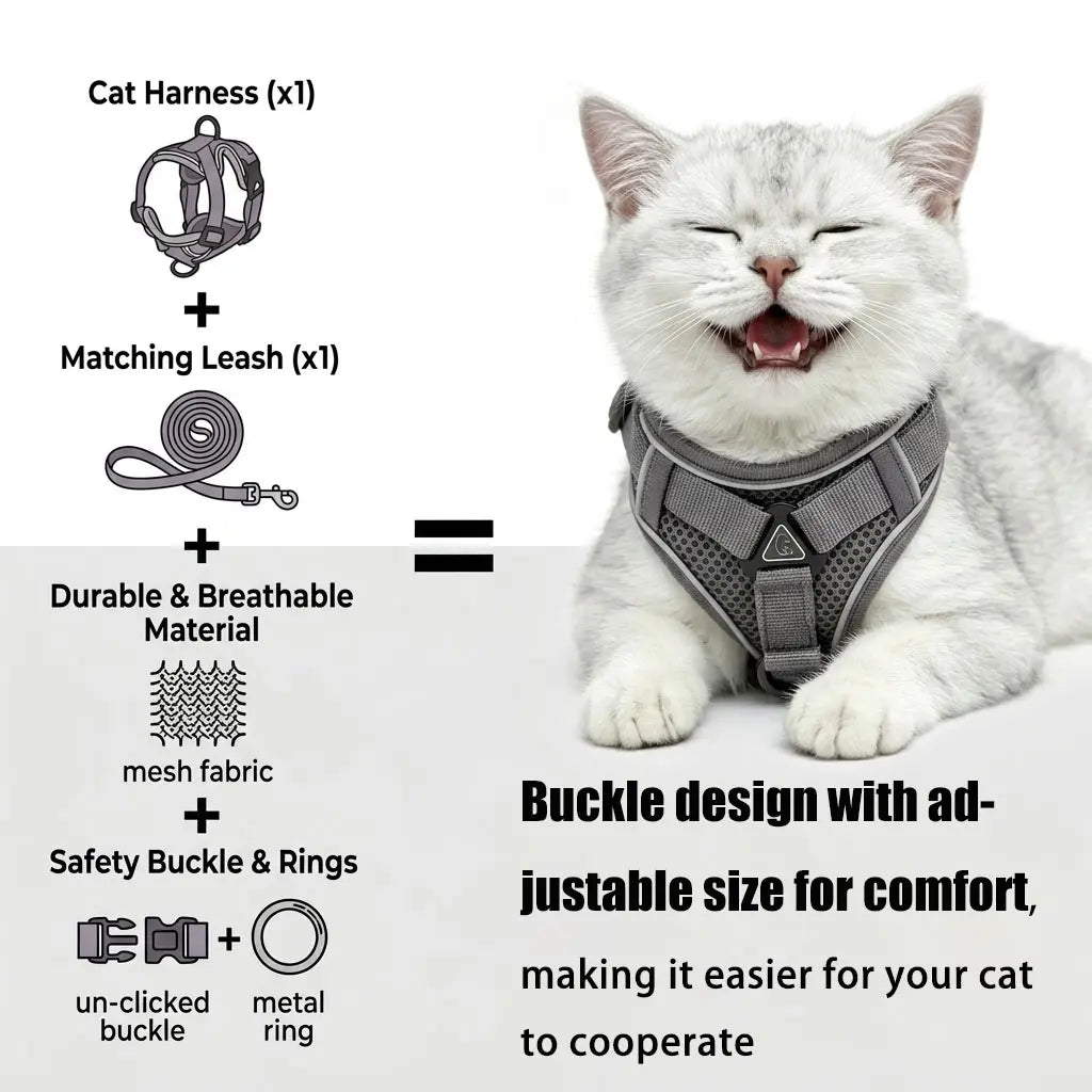 Leash Set: Escape-Proof Adjustable Cat Leash and Collar Made from Comfortable, Breathable Materials, with Adjustable Sizing. Reflective Soft Mesh Vest for Easy Safe Leash Walking. Includes a Summer Version; Breathable and Moisture-Wicking.