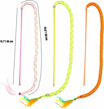 Catnip Cat Wands, 3 PCS Soft Line Tube Teaser Wands Colorful Feather Wands with Bell and Catnip Interactive Cat Toys