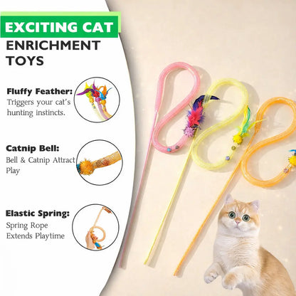 Catnip Cat Wands, 3 PCS Soft Line Tube Teaser Wands Colorful Feather Wands with Bell and Catnip Interactive Cat Toys