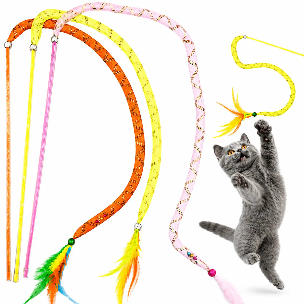 Catnip Cat Wands, 3 PCS Soft Line Tube Teaser Wands Colorful Feather Wands with Bell and Catnip Interactive Cat Toys