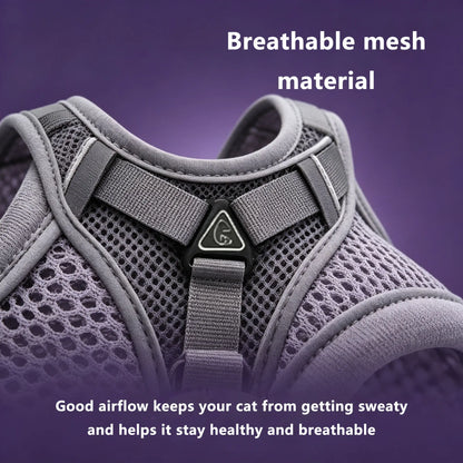 Leash Set: Escape-Proof Adjustable Cat Leash and Collar Made from Comfortable, Breathable Materials, with Adjustable Sizing. Reflective Soft Mesh Vest for Easy Safe Leash Walking. Includes a Summer Version; Breathable and Moisture-Wicking.