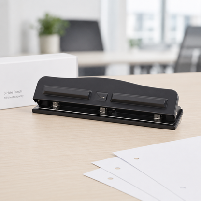 Adjustable 3-Hole Punch – 10-Sheet Metal Hole Puncher for Office, School and Home