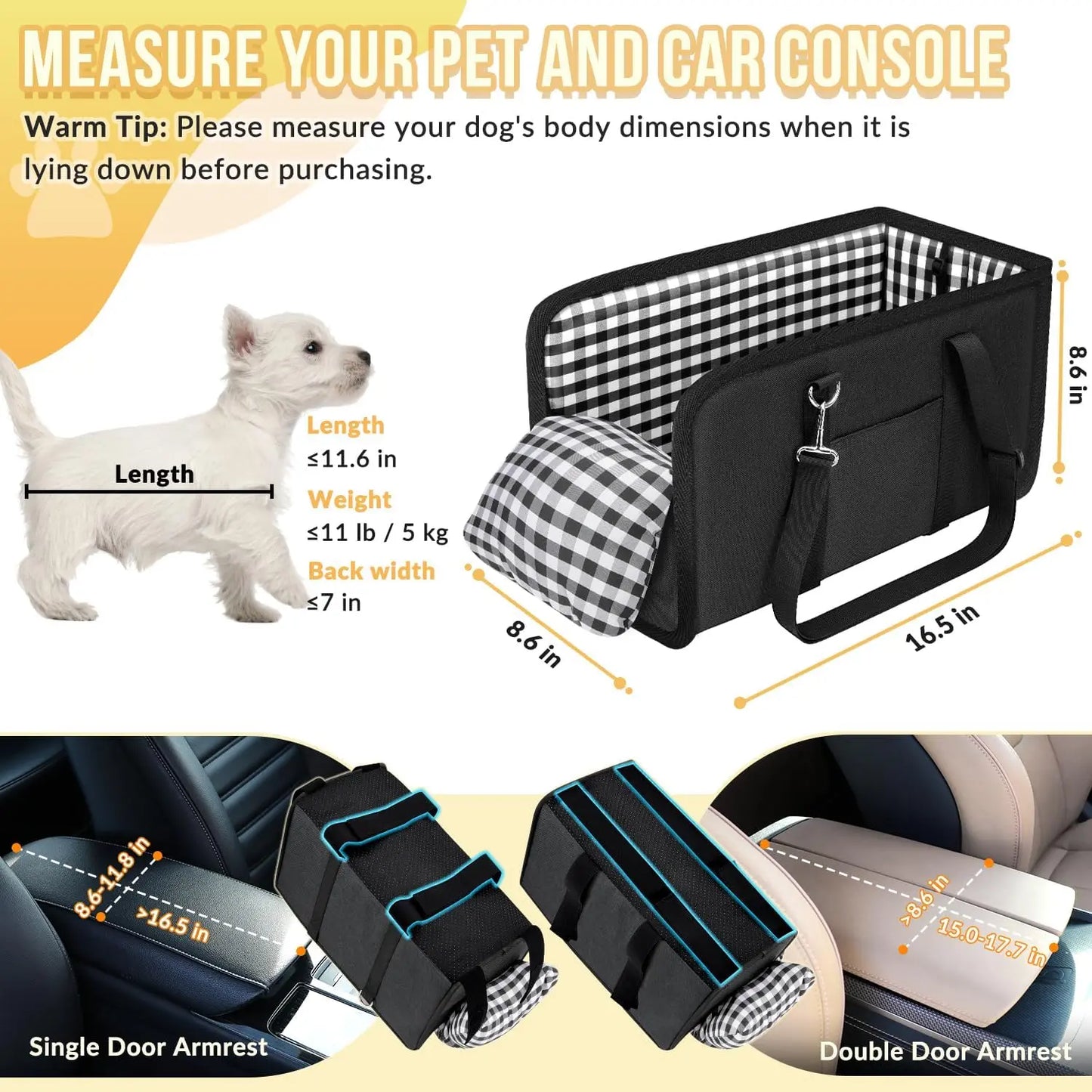 Premium Center Console Dog Car Seat - Anxiety-Relief Booster Seat for Small Pets, Ultra-Safe Armrest Bed for Travel, Comfortable and Secure Car Seat for Dogs and Cats