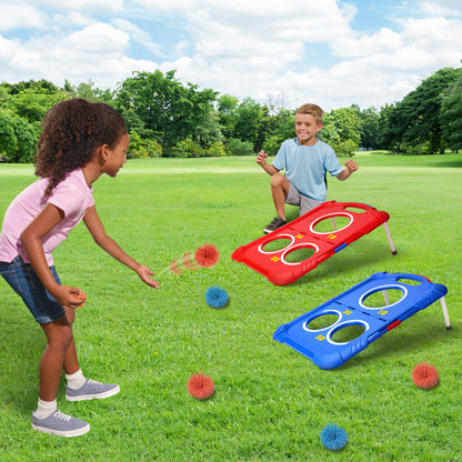Children playing cornhole outdoors